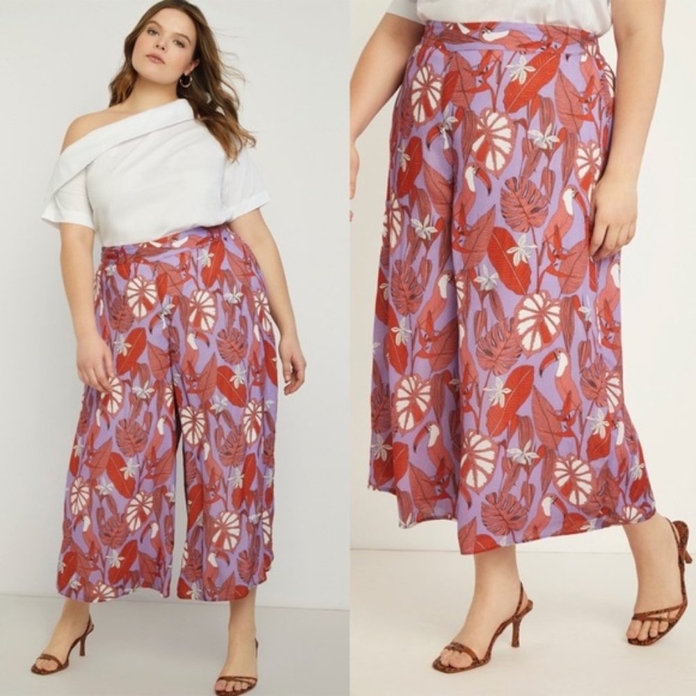 Eloquii Tropical Palazzo Pull on Wide Leg Crop Pants Size 20